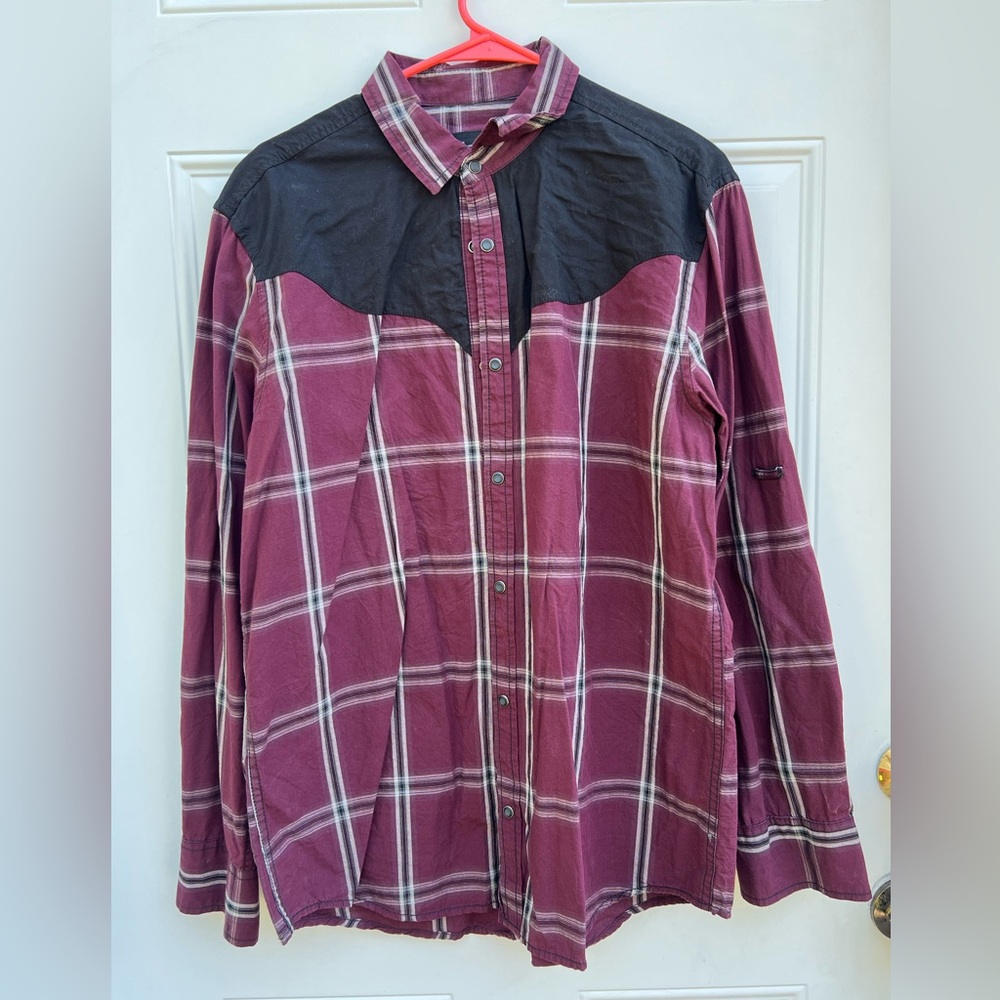 INC International Concepts Men's Plaid Shirt - Black and Burgundy